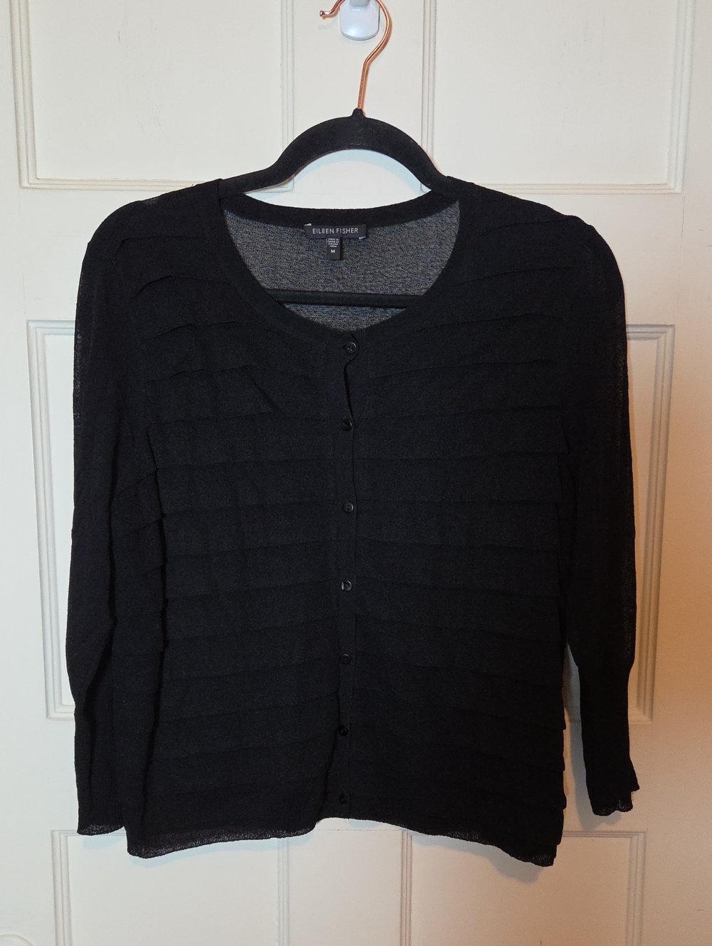 Eileen Fisher Womens Sheer Tiered Front Cardigan In Black 3/4 Sleeve Size Medium